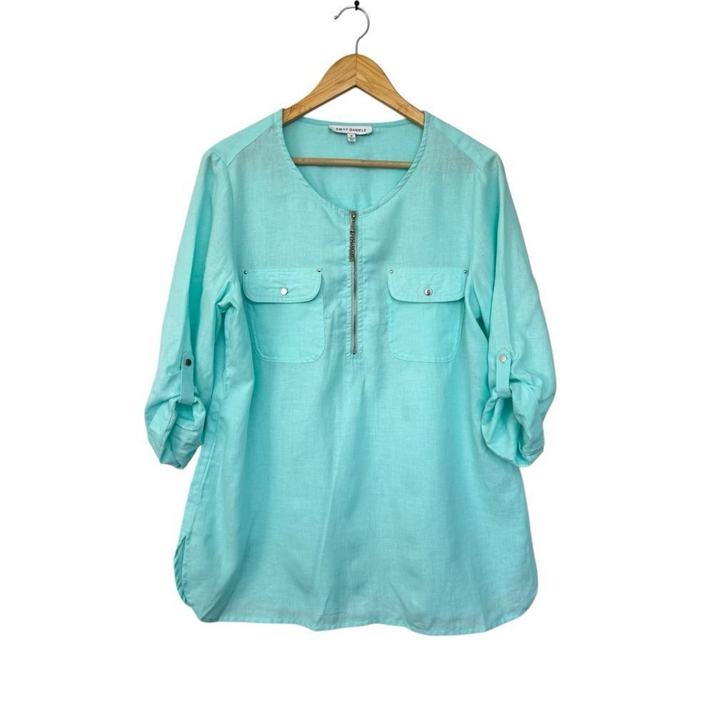 mily Daniels Seafoam Green Tunic Linen/Rayon Quarter Zip Relaxed Fit Size M
